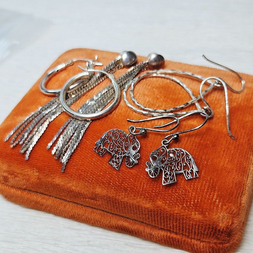 4 PR Earrings 925 Sterling Elephant Hoops Chain Fringe Tassel